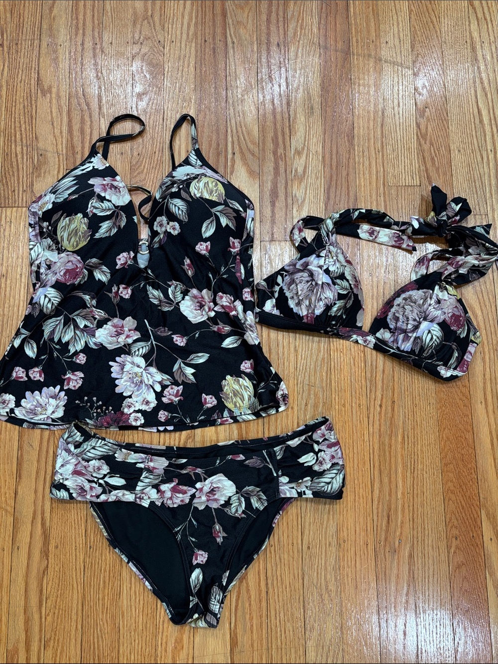 RACHEL Rachel Roy Black Floral Tankini with Matching Bikini Top & Bottom